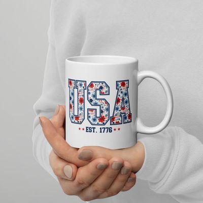 Patriotic USA Floral Mug – White Glossy Ceramic Coffee Mug (11oz, 15oz, 20oz)