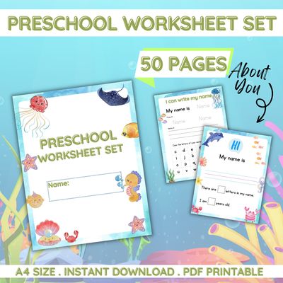 Under the Sea Preschool Worksheet Bundle | 50-Page Ocean Theme Printable Activity Pack | Alphabet, Numbers, Tracing, Coloring | PDF Instant Download