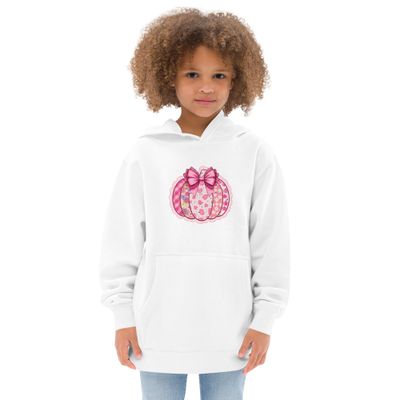 Kids Fleece Hoodie with Pink Lacy Pumpkin Design – Soft Cotton-Blend Pullover for Girls