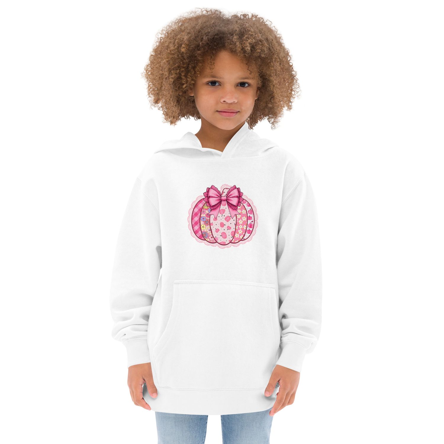 Kids Fleece Hoodie with Pink Lacy Pumpkin Design – Soft Cotton-Blend Pullover for Girls