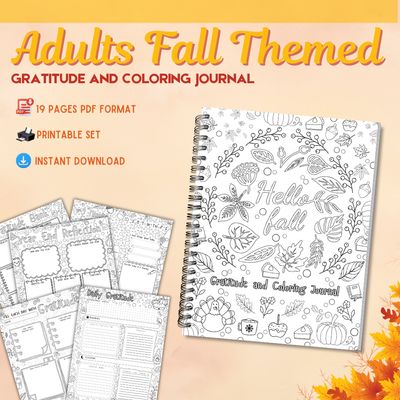 ​🍂 Fall-Themed Gratitude Journal for Adults – 19-Page Printable Coloring Journal | Instant Download PDF | Mindfulness &amp; Reflection Workbook