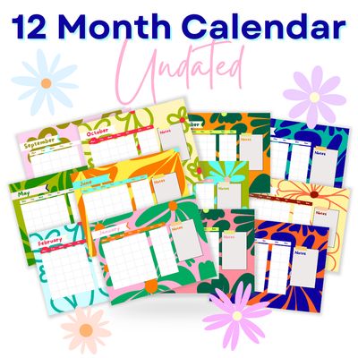 Flower Power Printable Undated 12-Month Calendar | Groovy Retro Floral Digital Planner Pages