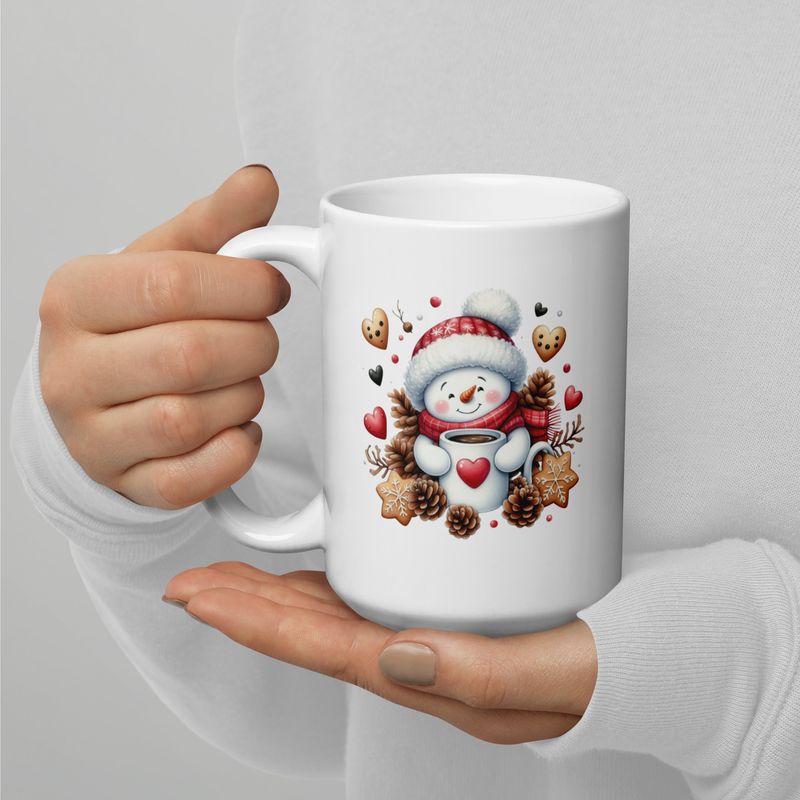 Cozy Snowman Coffee Mug – White Glossy Ceramic Winter Mug (11oz, 15oz, 20oz)