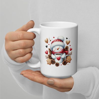 Cozy Snowman Coffee Mug – White Glossy Ceramic Winter Mug (11oz, 15oz, 20oz)