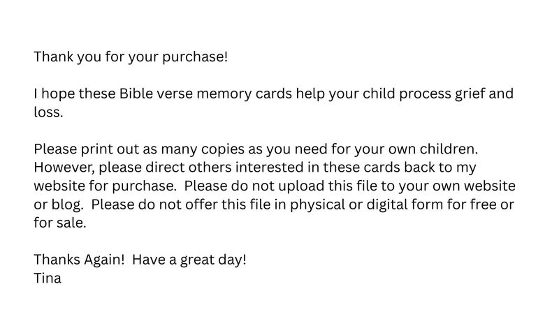 Bible Verse Memory Cards for Kids Grief &amp; Loss | Christian Comfort Cards | Scripture Cards for Children | Printable Bible Verses for Coping with Grief | Faith-Based Bereavement Support