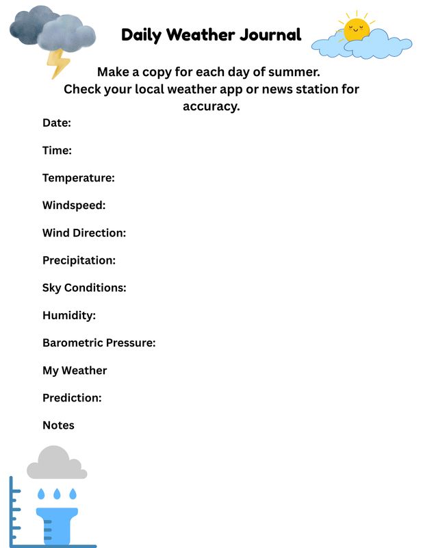 Summer Weather Station Printable for Kids | Weather Journal, Weekly Observation Chart & Weather Vocabulary Flash Cards | Homeschool Science Activity