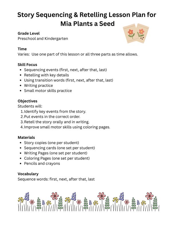 Mia Plants a Seed Sequencing Story Printable | First, Next, After that, Last | Preschool & Kindergarten Sequencing Lesson Plan | Printable Story, Sequencing Cards, Writing and Coloring Pages
