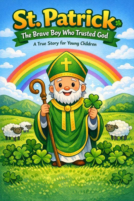 St. Patrick children’s book cover illustration featuring Saint Patrick holding a shamrock with rainbow and sheep, Christian s