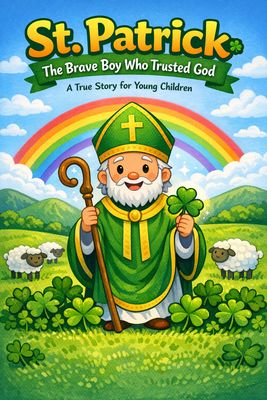 St. Patrick children’s book cover illustration featuring Saint Patrick holding a shamrock with rainbow and sheep, Christian s