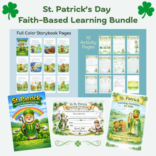 St. Patrick’s Day faith-based learning bundle preview featuring full color storybook pages, 10 printable activity worksheets,