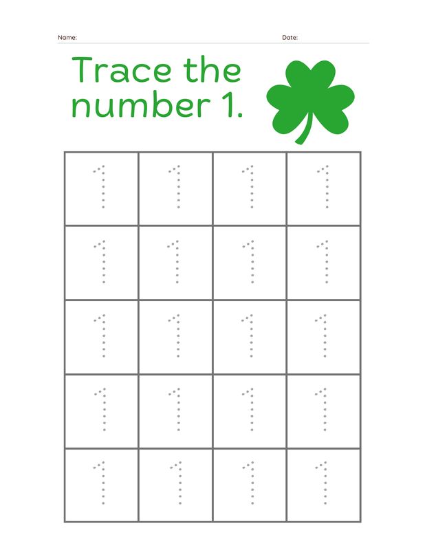 St. Patrick’s Day trace the number 1 worksheet with shamrock theme for kindergarten number tracing and early math practice