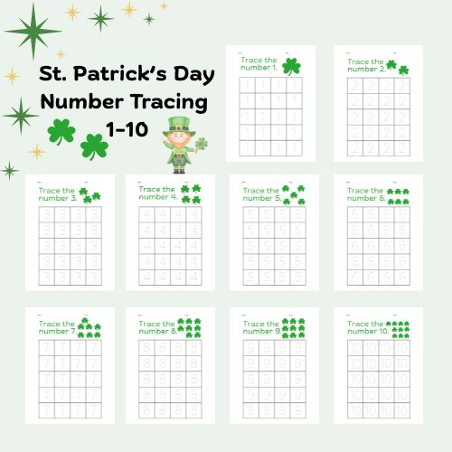 St. Patrick’s Day number tracing printable packet 1–10 for kindergarten with shamrock-themed math worksheets for preschool an