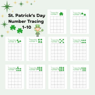 St. Patrick’s Day number tracing printable packet 1–10 for kindergarten with shamrock-themed math worksheets for preschool an
