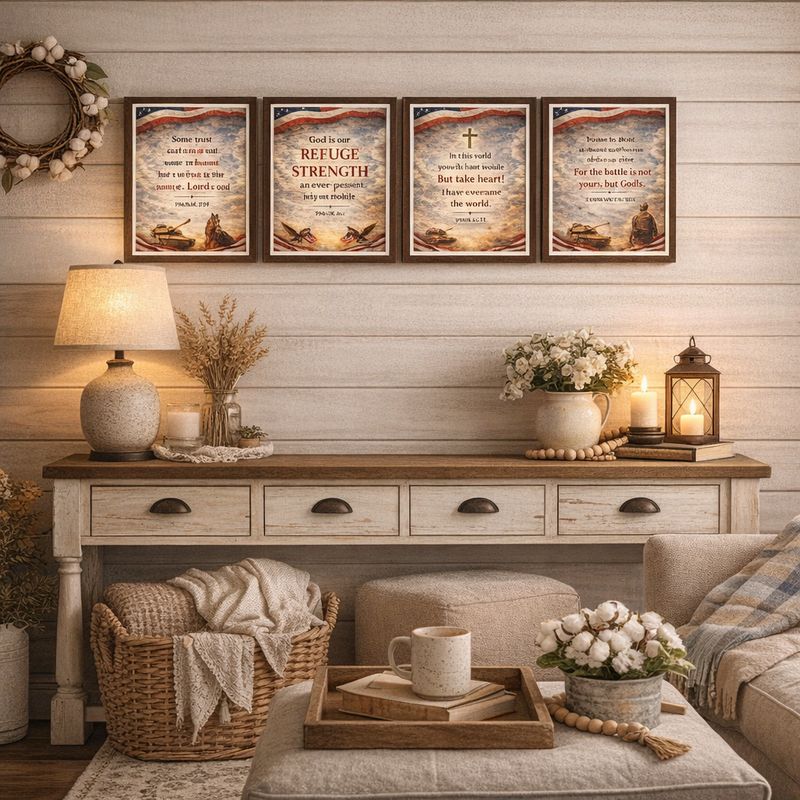 Farmhouse living room mockup displaying a set of four patriotic Christian wall art prints featuring Bible verses Psalm 20:7, 