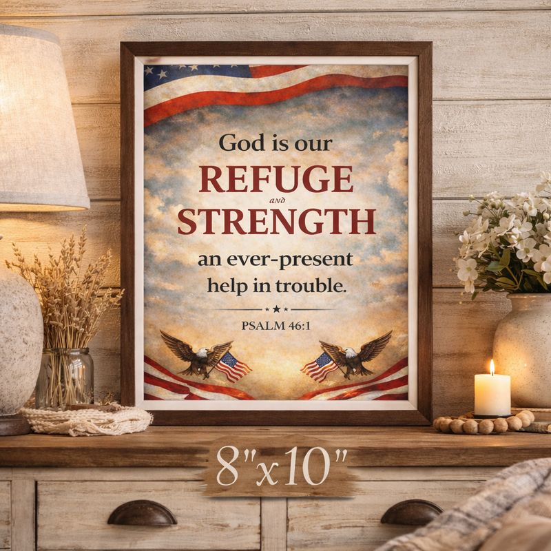 Farmhouse mockup of patriotic Christian wall art featuring Psalm 46:1 “God is our refuge and strength” displayed as an 8x10 f
