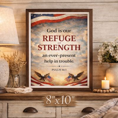 Farmhouse mockup of patriotic Christian wall art featuring Psalm 46:1 “God is our refuge and strength” displayed as an 8x10 f
