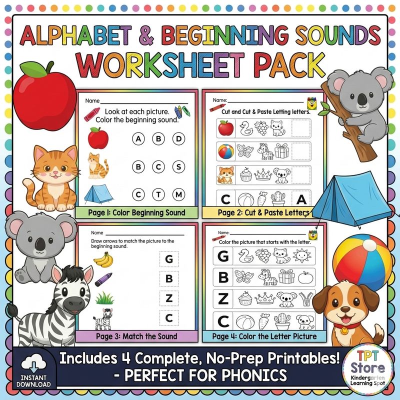 Alphabet and beginning sounds phonics worksheet pack for kindergarten featuring 4 no-prep printables for coloring, matching, 