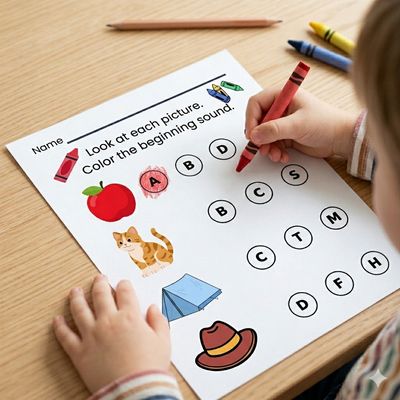 Close-up mockup photograph of a child's hands on an 'Alphabet &amp; Beginning Sounds' worksheet printable, holding a red crayon a