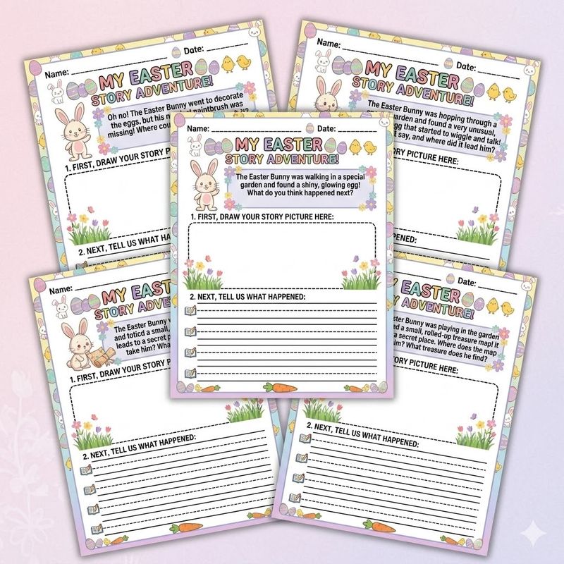 Five printable Easter story adventure worksheets for kids, featuring creative writing prompts with a blank drawing box and li