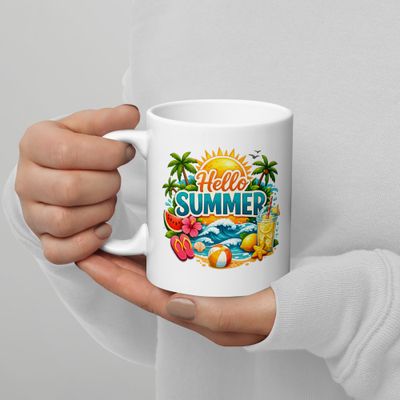 Hello Summer Ceramic Mug – Tropical Beach Coffee Cup with Palm Trees, Ocean Waves and Sunshine Design