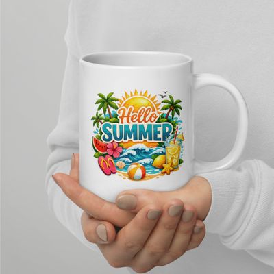 Hello Summer Ceramic Mug – Tropical Beach Coffee Cup with Palm Trees, Ocean Waves and Sunshine Design