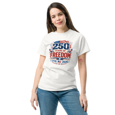 Woman wearing white 250 Years of Freedom patriotic t-shirt 1776–2026 USA Independence Day unisex tee front view mockup