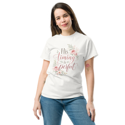 His Timing Is Perfect Christian Floral T-Shirt, Faith-Based Inspirational Unisex Cotton Tee, Scripture-Inspired Gift Shirt