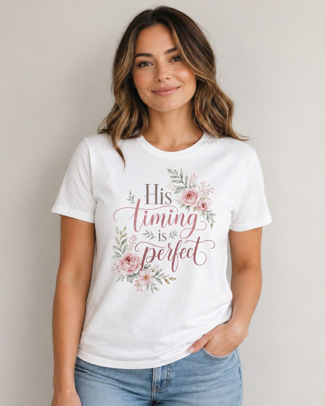 His Timing Is Perfect Christian Floral T-Shirt, Faith-Based Inspirational Unisex Cotton Tee, Scripture-Inspired Gift Shirt