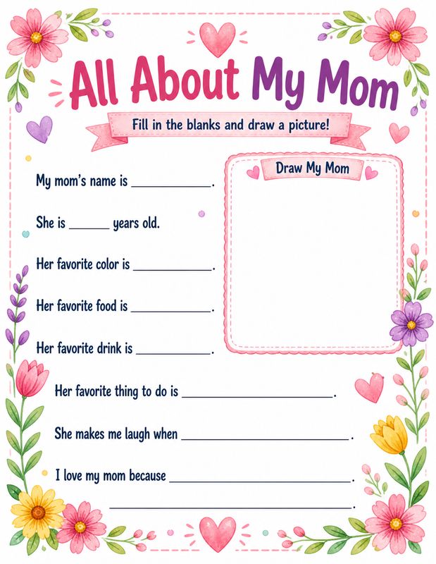 All About My Mom printable worksheet with fill-in-the-blank prompts, a Draw My Mom box, floral borders, hearts, and colorful 