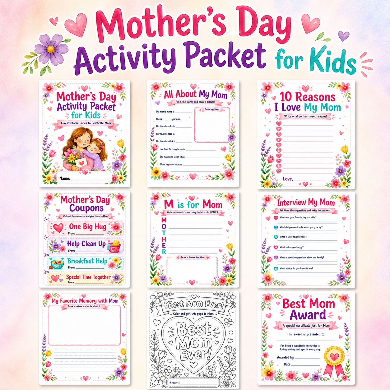 Mother’s Day Activity Packet for Kids collage showing nine printable pages, including worksheets, coupons, coloring page, mem