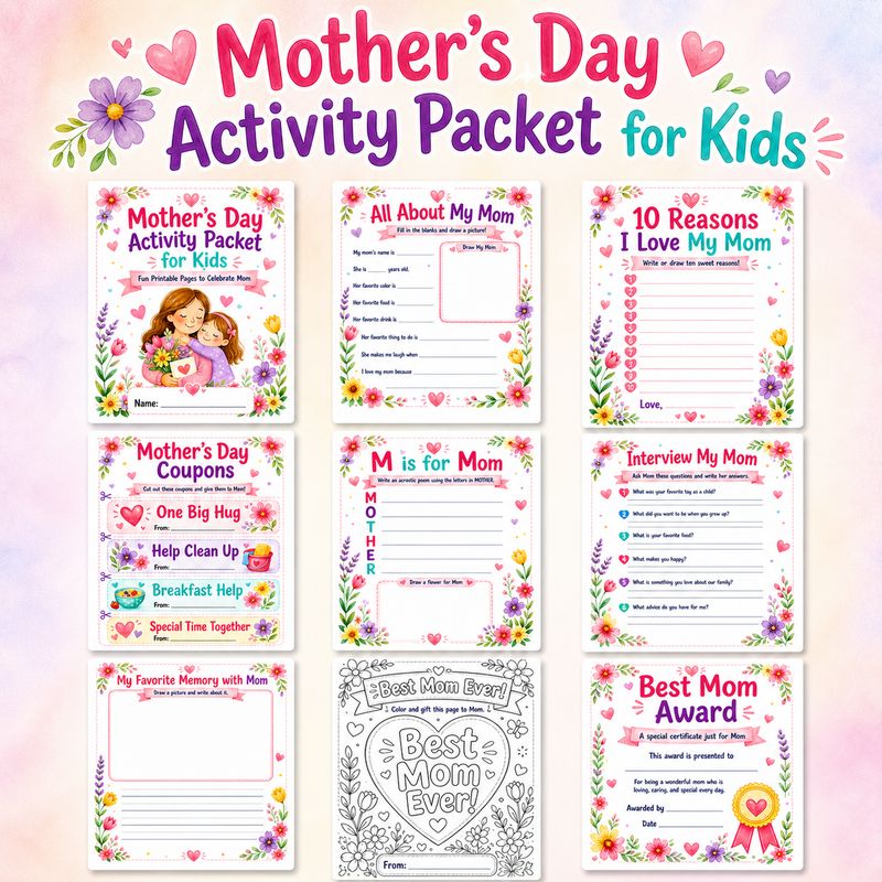 Mother’s Day Activity Packet for Kids collage showing nine printable pages, including worksheets, coupons, coloring page, mem