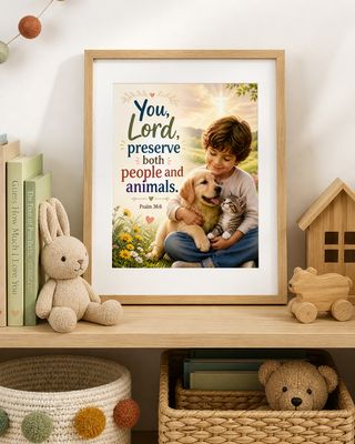 Psalm 36:6 Christian nursery printable in an 8x10 wood frame, featuring a child with a puppy and kitten on a children’s shelf