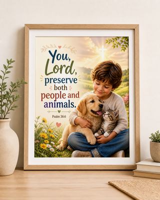 Psalm 36:6 Christian wall art displayed in an 8x10 wood frame, featuring a child holding a puppy and kitten with the verse, “