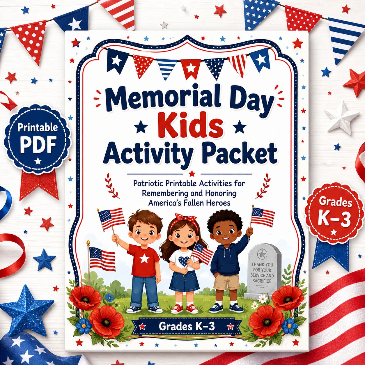 Memorial Day Kids Activity Packet printable PDF for grades K–3 with patriotic worksheets, American flags, poppies, and honori