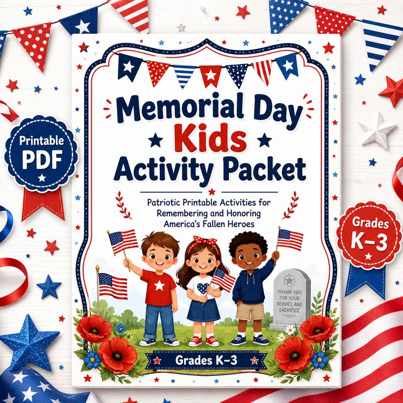 Memorial Day Kids Activity Packet printable PDF for grades K–3 with patriotic worksheets, American flags, poppies, and honori
