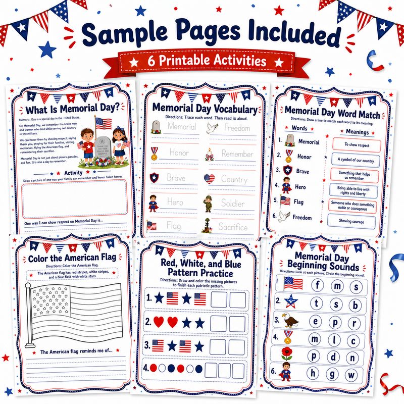 Memorial Day Kids Activity Packet sample pages collage for grades K–3 featuring vocabulary, word match, beginning sounds, fla