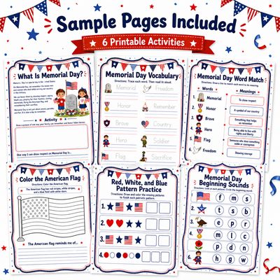 Memorial Day Kids Activity Packet sample pages collage for grades K–3 featuring vocabulary, word match, beginning sounds, fla