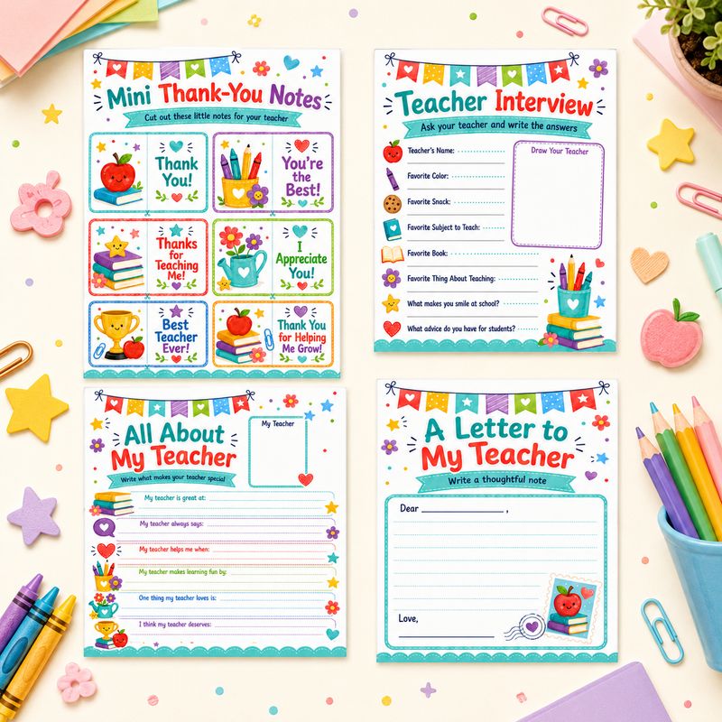 Collage of Teacher Appreciation printables for kids featuring mini thank-you notes, a teacher interview worksheet