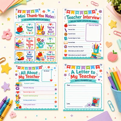 Collage of Teacher Appreciation printables for kids featuring mini thank-you notes, a teacher interview worksheet