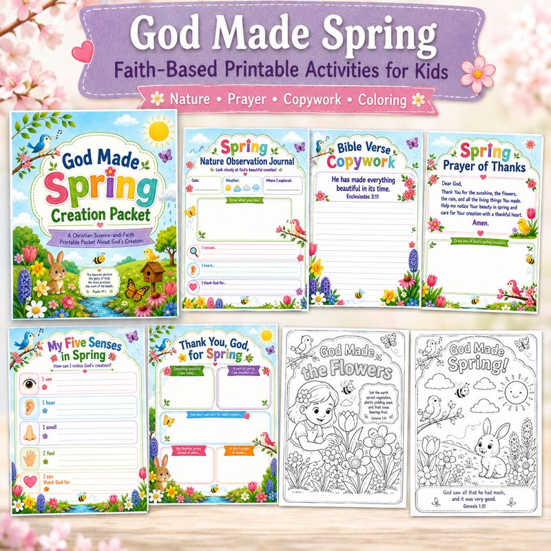 God Made Spring faith-based printable activities for kids featuring nature observation, prayer, Bible verse copywork, five se