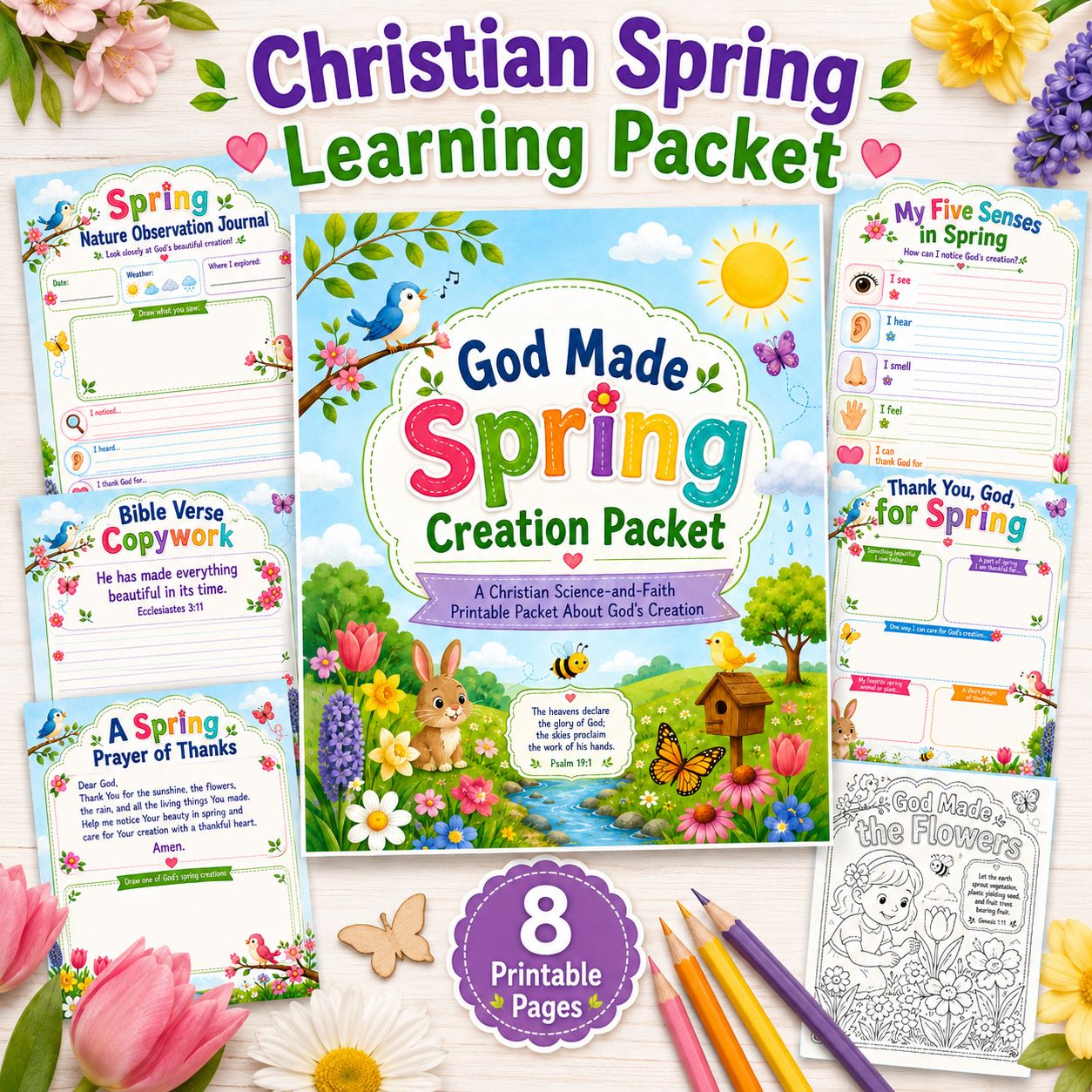 Christian spring learning packet printable for kids featuring God Made Spring creation activities, Bible verse copywork, natu