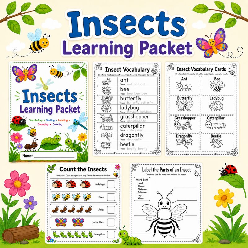 Insects Learning Packet printable collage for kids featuring insect vocabulary, vocabulary cards, counting insects, labeling 