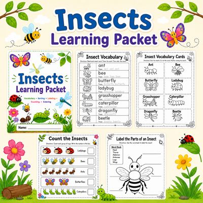 Insects Learning Packet printable collage for kids featuring insect vocabulary, vocabulary cards, counting insects, labeling 