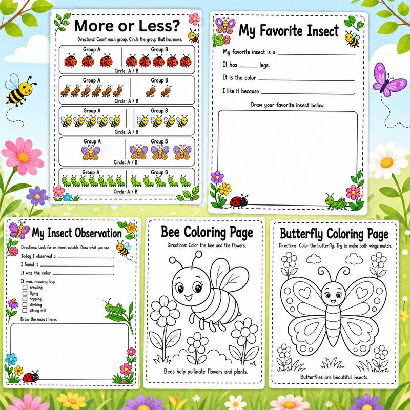 Insects Learning Packet worksheet collage for kids featuring more or less bug counting, favorite insect writing, insect obser