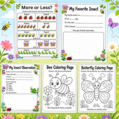 Insects Learning Packet worksheet collage for kids featuring more or less bug counting, favorite insect writing, insect obser