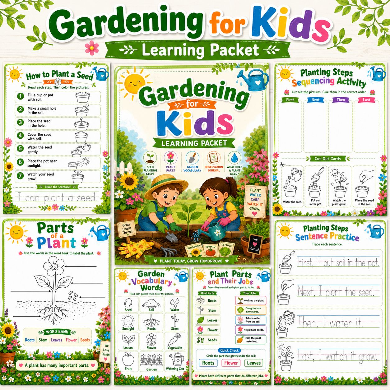 Gardening for Kids learning packet collage featuring printable plant science worksheets, seed planting steps, plant parts lab
