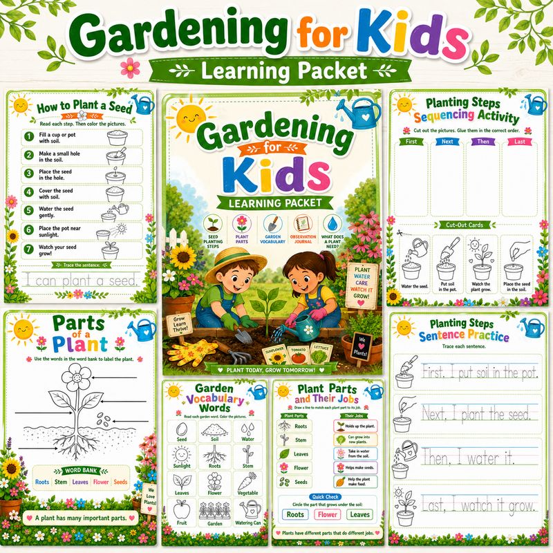 Gardening for Kids learning packet collage featuring printable plant science worksheets, seed planting steps, plant parts lab