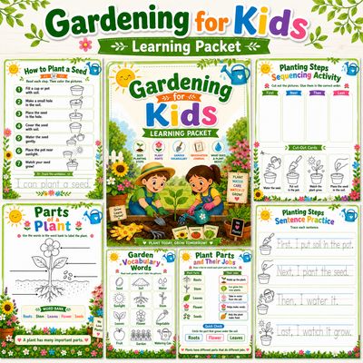 Gardening for Kids learning packet collage featuring printable plant science worksheets, seed planting steps, plant parts lab