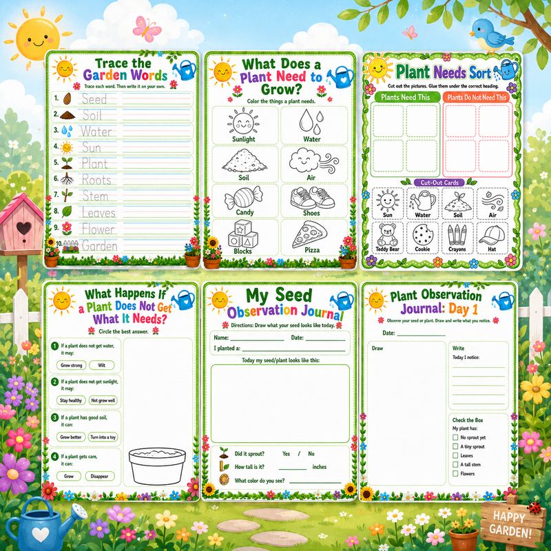 Gardening for Kids printable worksheet collage with garden vocabulary tracing, plant needs sorting, seed observation journal,