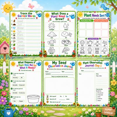 Gardening for Kids printable worksheet collage with garden vocabulary tracing, plant needs sorting, seed observation journal,